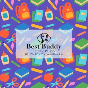 School Supplies Seamless Pattern Hand-Drawn PNG Download Digital Paper Fabric Surface Design Sublimation Back to School File