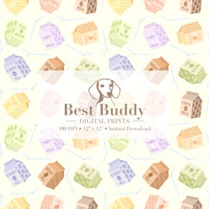 Może przedstawiać: Cyfrowy nadruk z powtarzającym się wzorem kartonów mleka o smakach takich jak jagoda, czekolada i matcha. Projekt zawiera tekst "Best Buddy DIGITAL PRINTS" i "300 DPI • 30.5cm x 30.5cm • Natychmiastowe pobieranie".