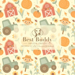 Puede incluir: Un patrón sin costuras con un tema de granja con un granero rojo, un tractor verde, espantapájaros, calabazas, maíz, pacas de heno y girasoles sobre un fondo amarillo claro. El texto "Best Buddy - Digital Prints - 300 DPI - 12" x 12" - Instant Download" está en la parte inferior de la imagen.