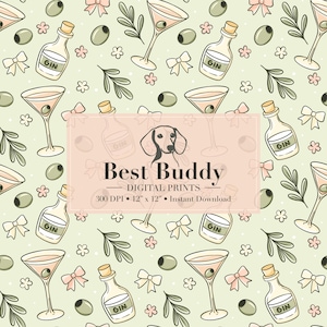 Martini Seamless Pattern Hand-Drawn PNG Download Digital Paper Fabric Surface Design Sublimation Olive File
