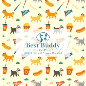 May include: A repeating pattern featuring cartoon dogs, baseball bats, hot dogs, popcorn, and pennants with the text "Play Ball" and "Go Pups!" on a light yellow background. The words "Best Buddy" and "Digital Prints" are also present.