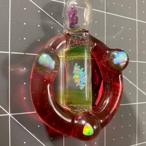 Gift Hand-blown Glass Ruby Shaker with Opalite 13-point Bolt and 3 Additional Opalite Pieces infused in Glass