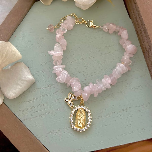 Pink Quartz Virgen De Guadalupe Bracelet-  Virgencita Pulsera  -Good Vibe Jewelry - Healing Bracelet -  Bridesmaid Gift- Catholic Jewelry