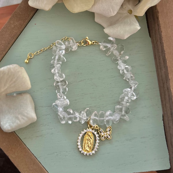 Clear Quartz Virgen De Guadalupe Bracelet-  Virgencita Pulsera  -Good Vibe Jewelry - Healing Bracelet -  Bridesmaid Gift- Catholic Jewelry