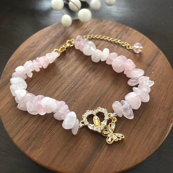 Pink Quartz Virgen De Guadalupe Bracelet-  Virgencita Pulsera  -Good Vibe Jewelry - Healing Bracelet -  Bridesmaid Gift- Catholic Jewelry