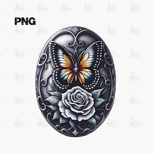 Elegante gráfico de mariposa negra para transferencias termoadhesivas SVG y PNG Descarga digital Sublimación de rosa de mariposa Diseño de rosa de mariposa Ovalada png