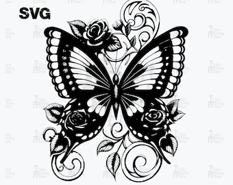 バラと蝶 SVG PNG: エレガントな花柄デジタルアート (デジタル 