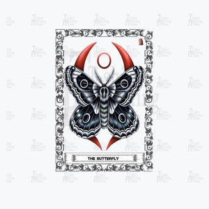 Carta del tarot de mariposa Dibujo de polilla Impresiones de arte digital de insectos vintage Arte de pared Descarga de arte digital Descarga instantánea de arte digital con flores