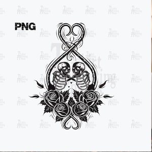 Skull Couple Tattoo SVG PNG Digital Download Gothic Rose Design heart symbol, alternative art, craft supplies unique gifts creative projects