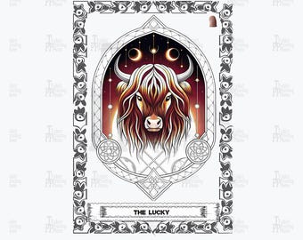 Highland Cow Tarot Card Print: Celestial Bull Art (PNG, JPEG Digital Download