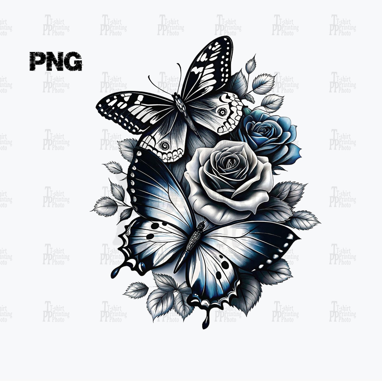 Butterfly Tattoo Design: Gothic Blue Roses (SVG, PNG) - Etsy