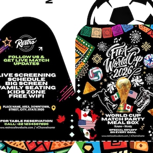 May include: A flat, unfolded cardboard meal box template featuring a black background with colorful geometric patterns, FIFA World Cup 2026 branding, a soccer ball graphic, and instructional text for assembly including numbered steps and a QR code.