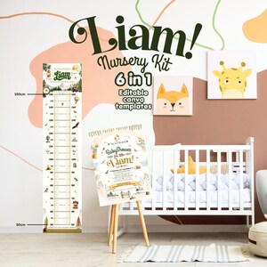 Kit para bebés Liam Nursery, 6 plantillas editables en Canva, incluye tabla de crecimiento (descarga digital).