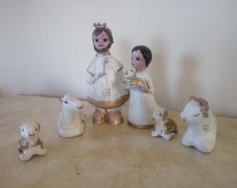 Vintage Christmas White Hand painted Chalkware Nativity 6 Pieces