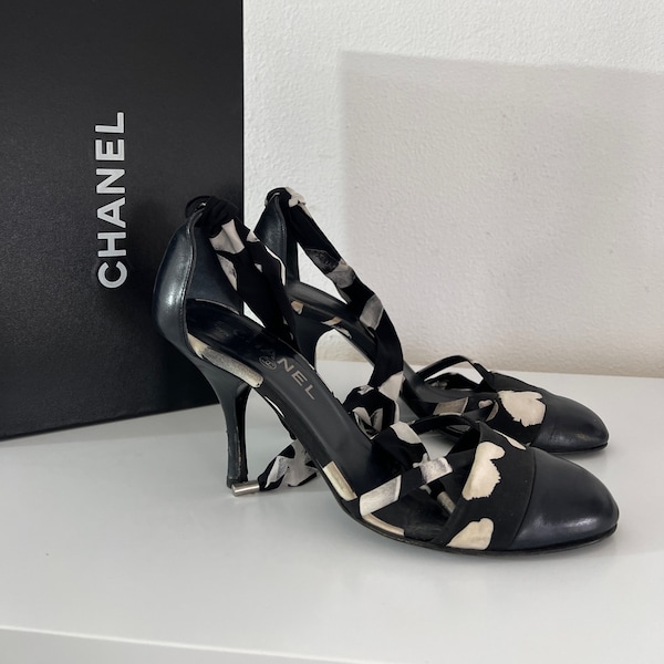 CHANEL sling back pumps ankle bow ribbon Vintage