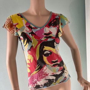 Nolita Italy graphic art print top with mesh ruffle short cute sleeves