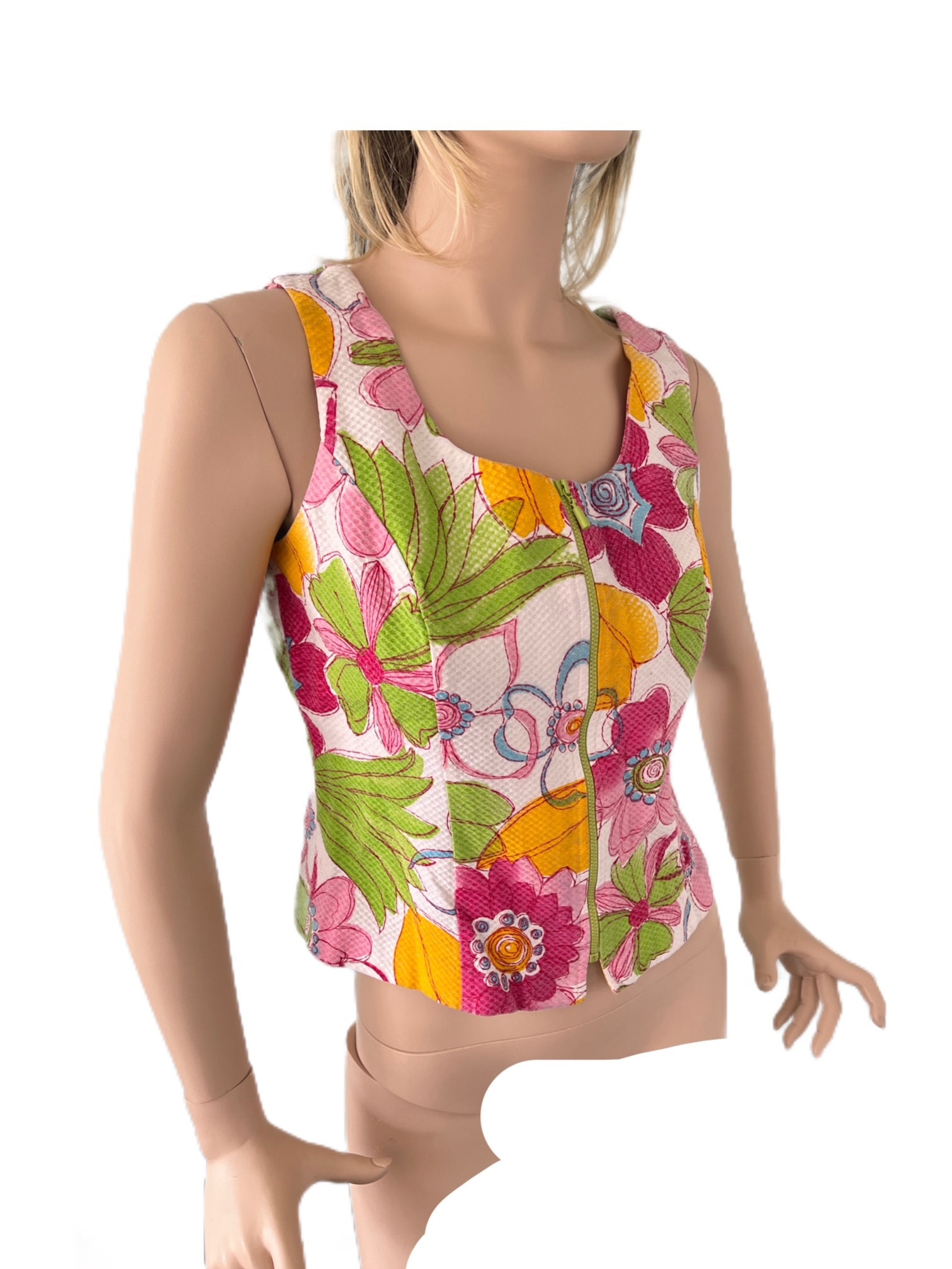 Retro Flower Graphic Print Top White Zipper Closure Vintage