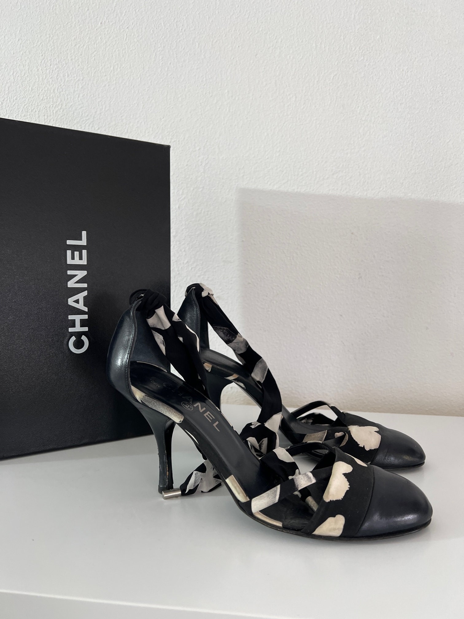 Chanel Black Leather Pumps with Camellia at 1stDibs