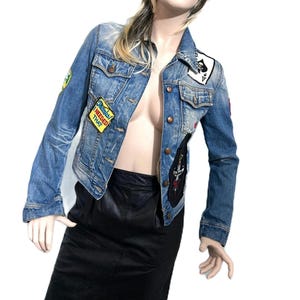 Retro vintage Jeans Jacket &#39;90 denim jacket s90 with graphic print and patches