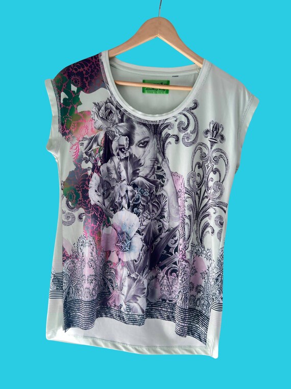 Tee-shirt Marron Brodé MISS SIDECAR - Taille S (36/38) - Viscose Stretch - Occasion Très Bon état