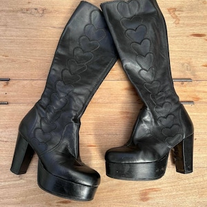 Awesome EL DANTES Platform boots Vintage hard to find '70 authentic black with patchwork hearts image 1