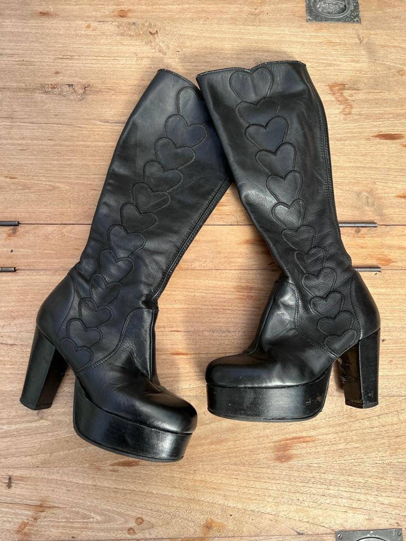 Awesome EL DANTES Platform boots Vintage hard to find '70 authentic black with patchwork hearts image 1