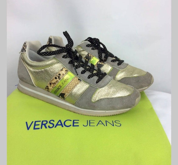 Versace Men's Chain Reaction Greek Key-print Sneakers In Green | ModeSens