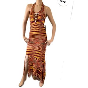 Special Rare Boho Vintage 1990&#39;s Sheer Knit Crochet color beach party Maxi Dress Bohemian halter dress