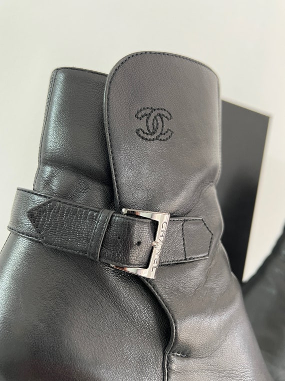 CHANEL Black Leather Boots With CC Embroidery and Square