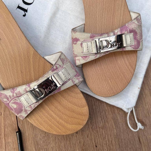 Christian Dior monogram pink Vintage sandals wood leather Dior Authentic