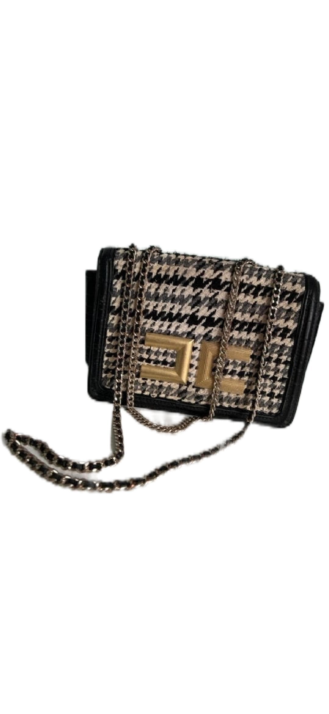 ELISABETHA FRANCHI Tweed Crossbody bag, front gold logo, flap button closure