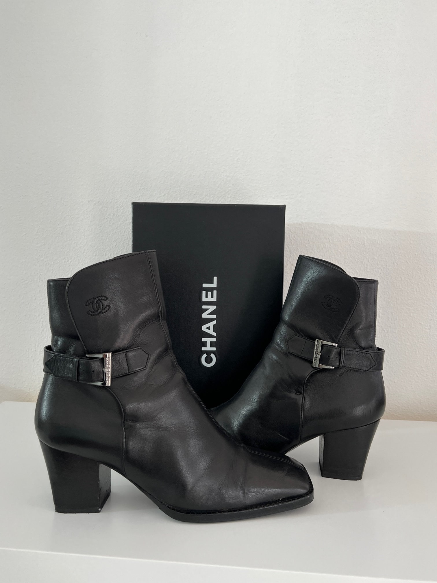 Chanel Black Calfskin Leather CC Combat Bad Boy Ankle Boots, 39.5