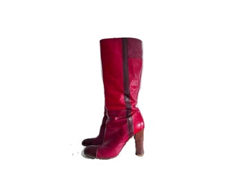 Miss Sixty Retro Patchwork-Leder Rote High Heels Stiefel '90 Größe 40EU Hergestellt in Italien