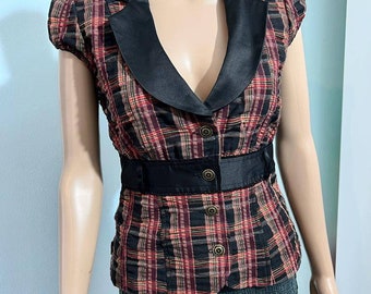 Vintage sexy waistcoat top check print vintage waistcoat top 90 pin up