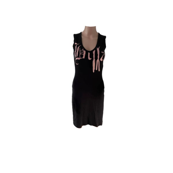 Cool retro black tight dress with pink cool print Vintage