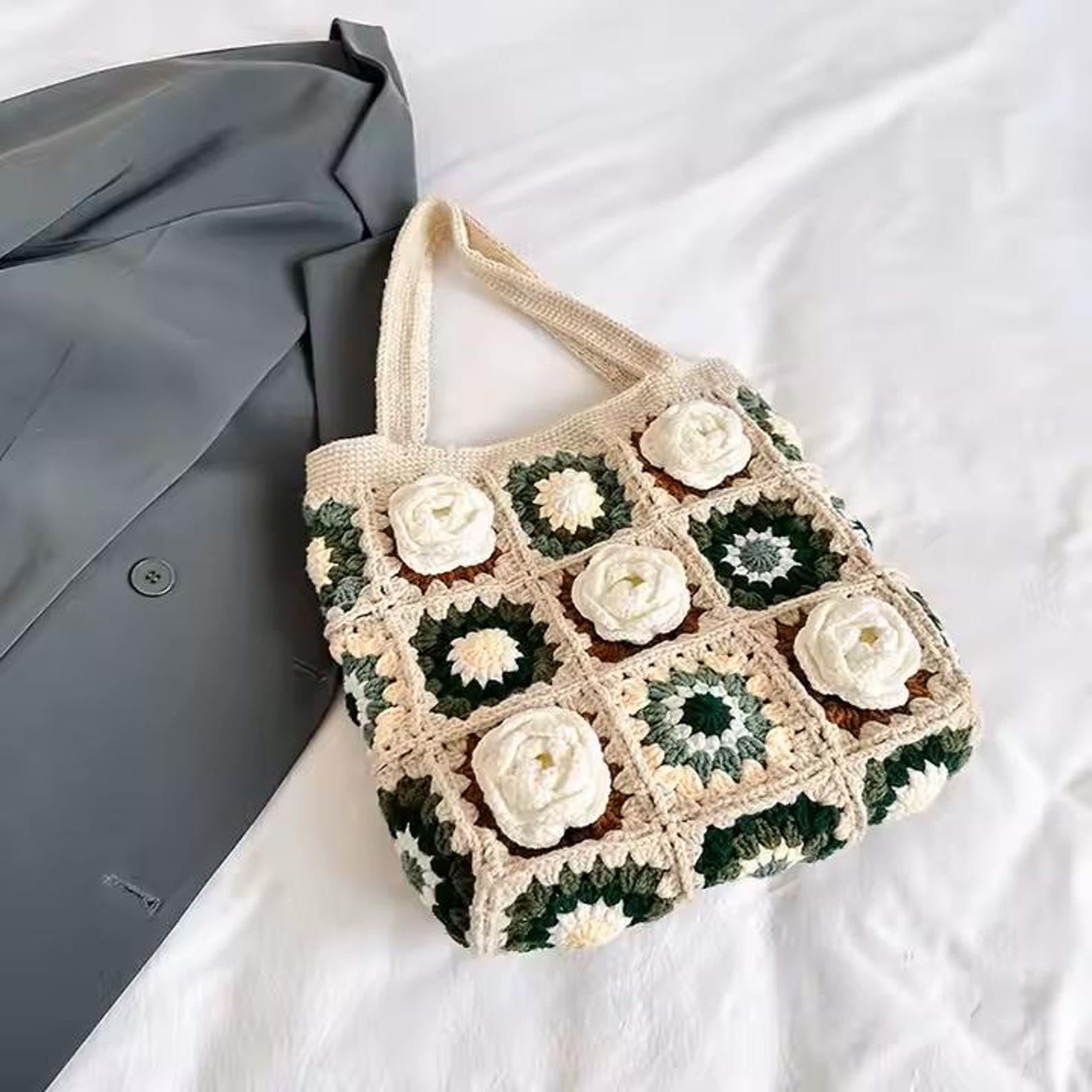 Bohemian Floral Granny Square Handmade Crochet Knit Shoulder Bag main image 0