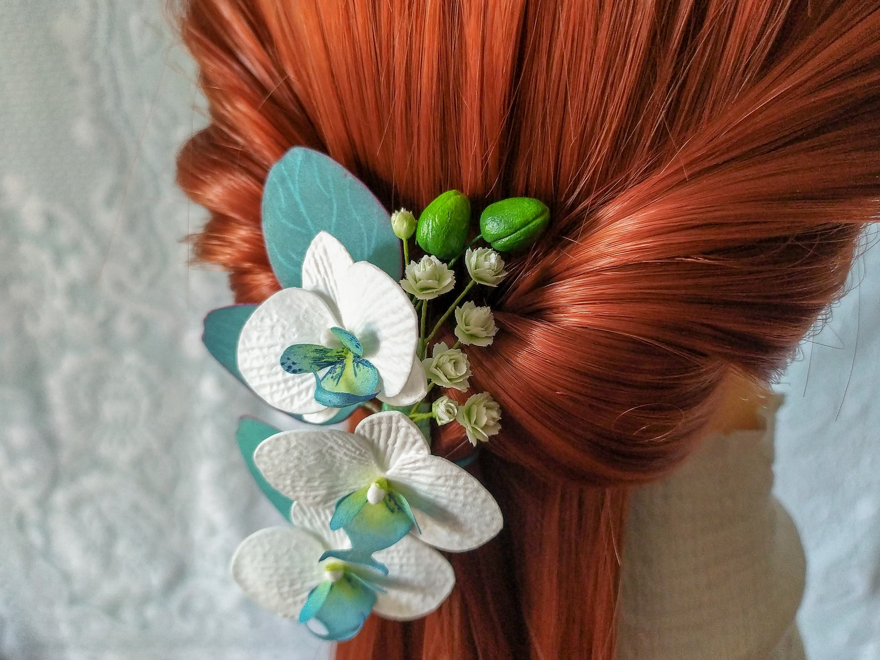White orchid wedding hair clip with eucalyptus baby breath. Etsy