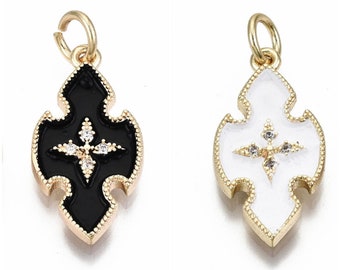 Pendentif, breloque croix  en émail et plaqué or 18k avec zircon. Vendu à l'unité. Noir, blanc ou rouge.