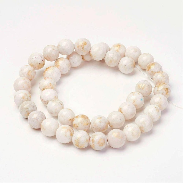Natural white Mashan jade beads with gold powder. 4mm, 6mm, 8mm, 10mm, 12mm.