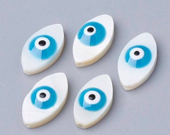 Natural shell beads with evil eye. 15mm. Sold individually.