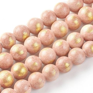Natural salmon Mashan jade beads with gold leaf. 8mm. Lot of 20 beads. image 1