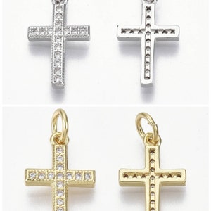 Pendants, cross charms with zirconium. 18k gold plated or 925 silver plated. Sold individually.