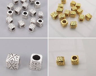 Tibetan style cube beads. Antique gold or antique silver. 9x9mm. Set of 5.