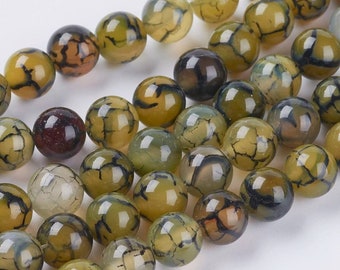 Olive Natural Dragon Vein Agate Beads. 10mm, 8mm or 6mm.