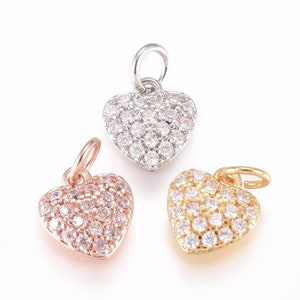 Pendants, charms, heart with zirconium. Alloy. Gold, Rose Gold or Silver. Sold individually.