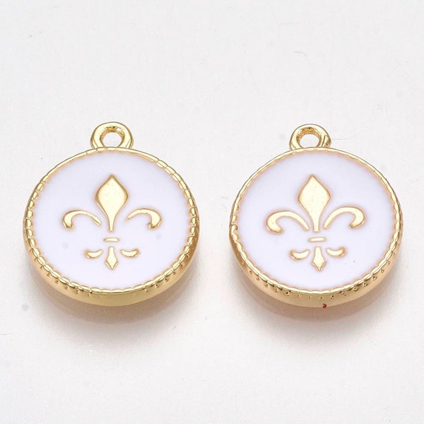 Breloque, pendentif, fleur de Lys, en plaqué or 18k et émail. Vendu à l'unité.