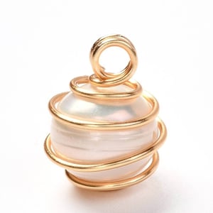 Pendants, freshwater cultured pearl charms with 18k gold-plated wire. Sold individually.