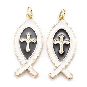 Pendants, charms, Ichthys, Ichthus in 18k gold plated with enamel. Choice of colors. Sold individually. Blanc noir