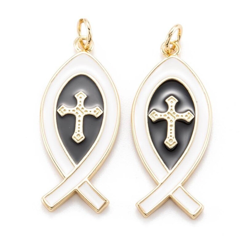 Pendants, charms, Ichthys, Ichthus in 18k gold plated with enamel. Choice of colors. Sold individually. Blanc noir