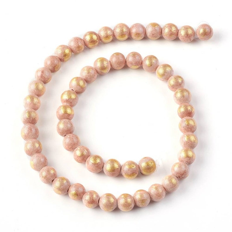 Natural salmon Mashan jade beads with gold leaf. 8mm. Lot of 20 beads. image 2